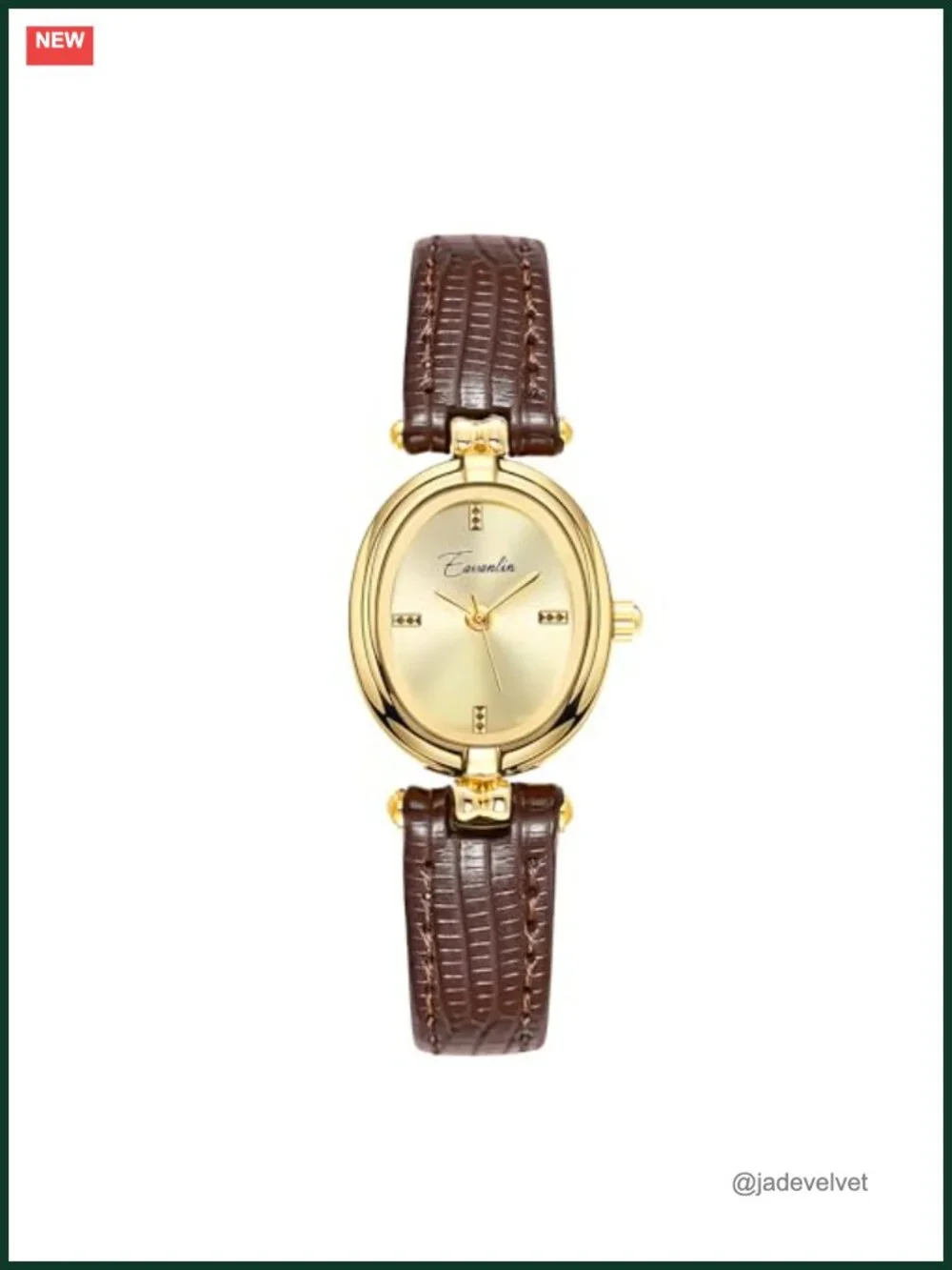 Vintage Gold Oval Quartz Wrist Watch for Women, Genuine Leather Band,